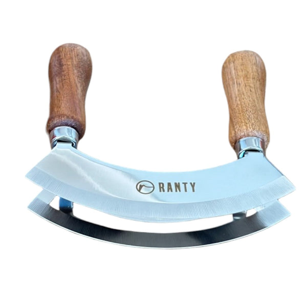 Cortador de doble hoja balancin Ranty (mezzaluna) premium con logo grabado en acero inoxidable.