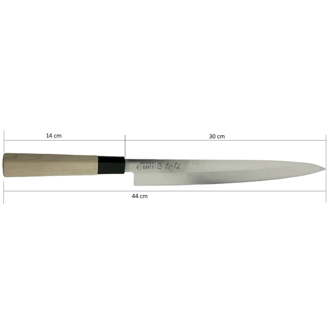 Cuchillo Sashimi Ranty 30cm mostrando medidas: hoja 30cm, mango 14cm, total 44cm.