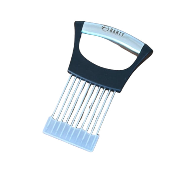 Guía para corte de carne y verduras de acero inoxidable Ranty con mango ergonómico negro.