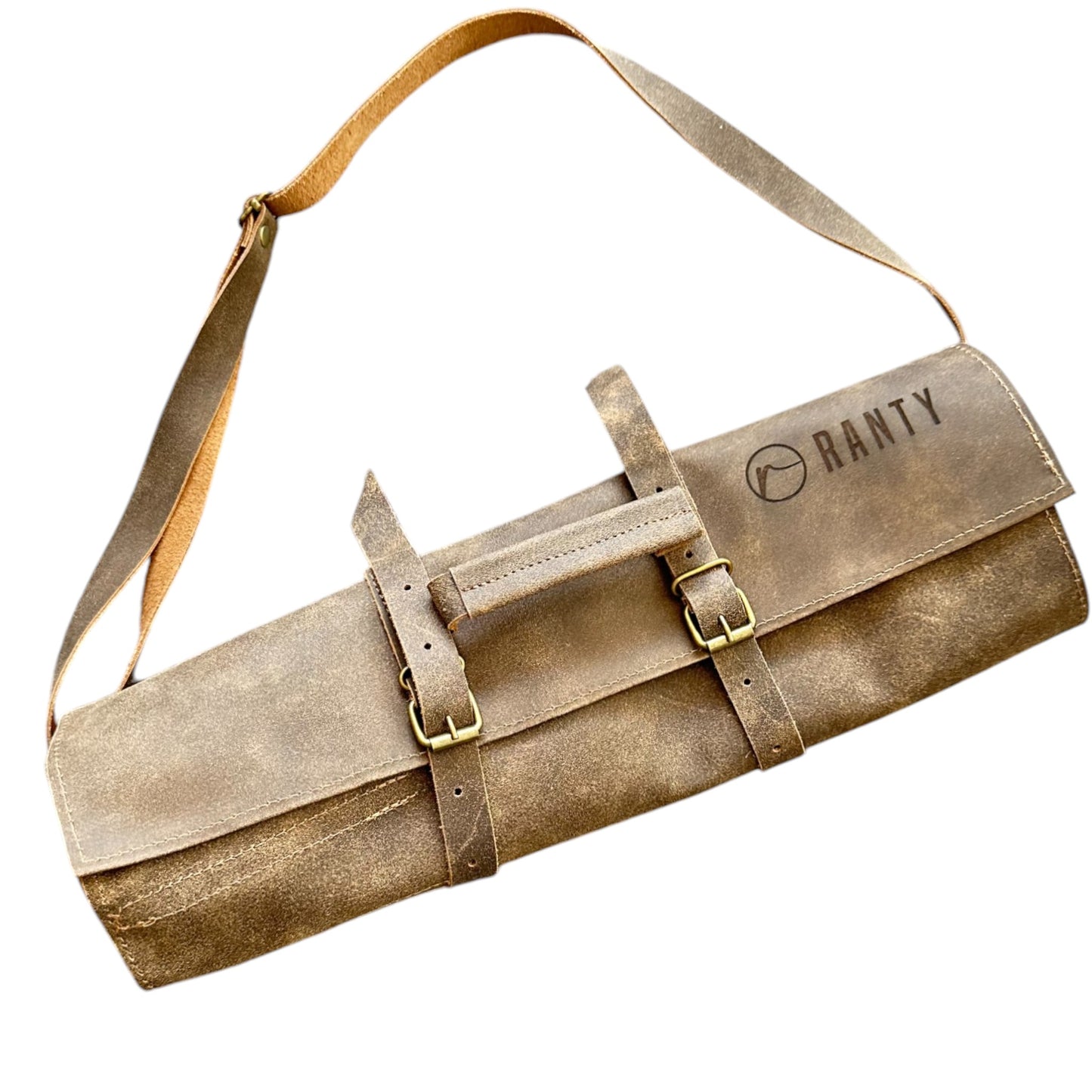 Porta cuchillos Ranty de cuero premium con hebillas doradas y logo grabado, diseño elegante y funcional.
