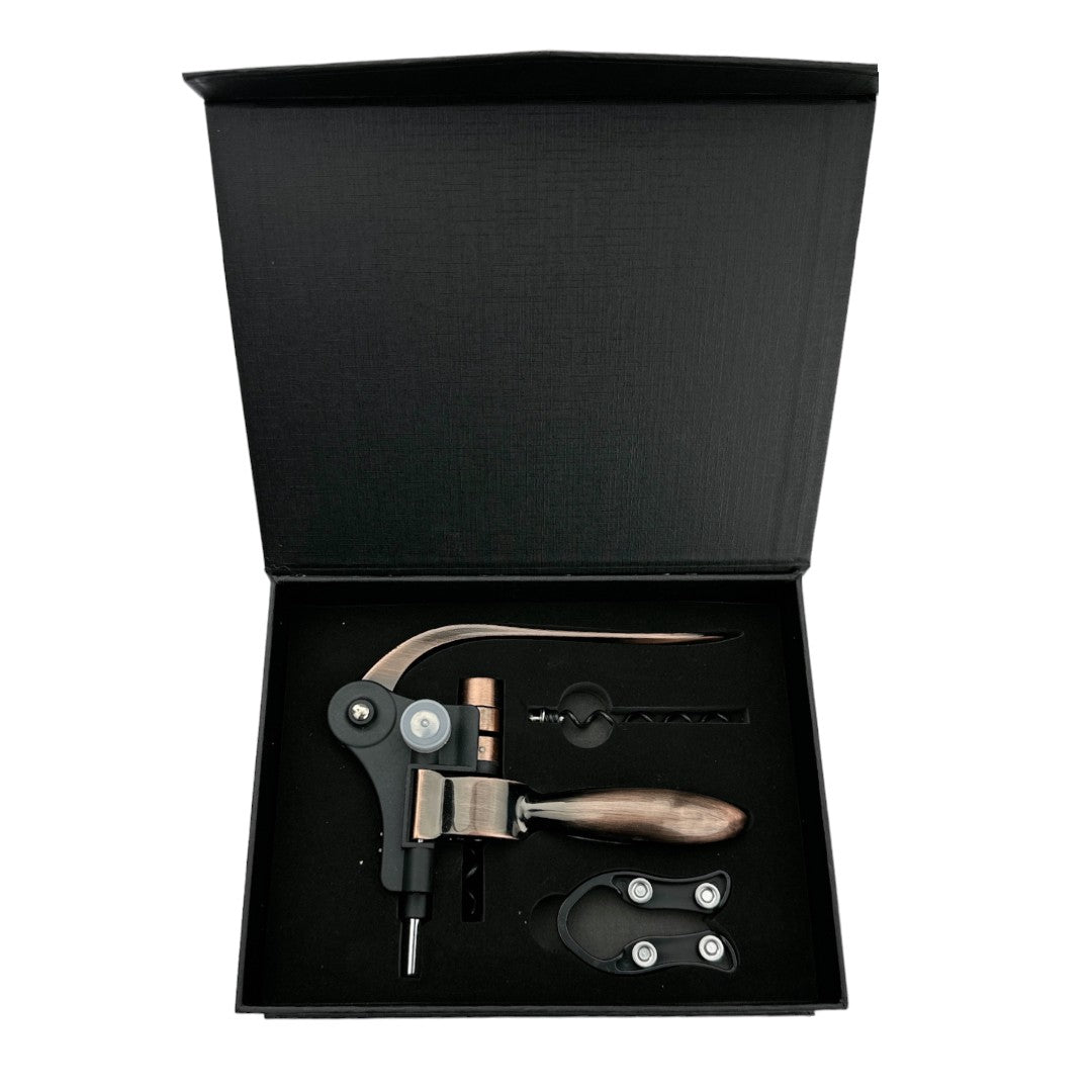 Set completo de sacacorchos Rabbit Ranty en caja de presentación con accesorios, diseño premium para servicio de vinos.