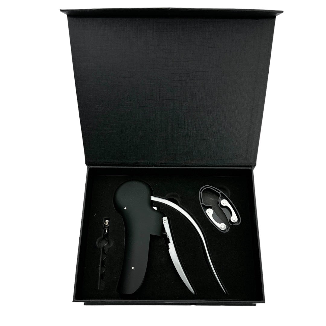 Set completo de sacacorchos vertical Ranty en caja de regalo premium, incluye accesorios para servicio profesional de vinos.