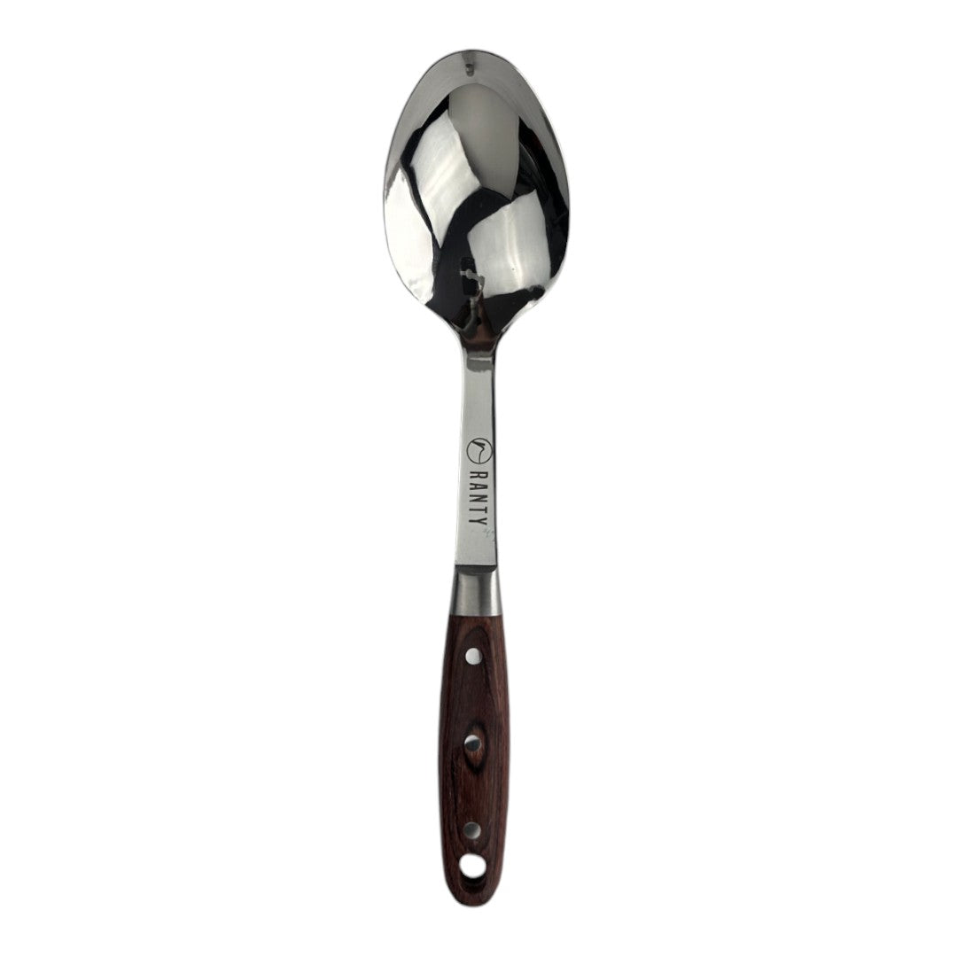 Cuchara grande de servir Ranty con mango de madera y acero inoxidable, diseño elegante y acabado brillante.