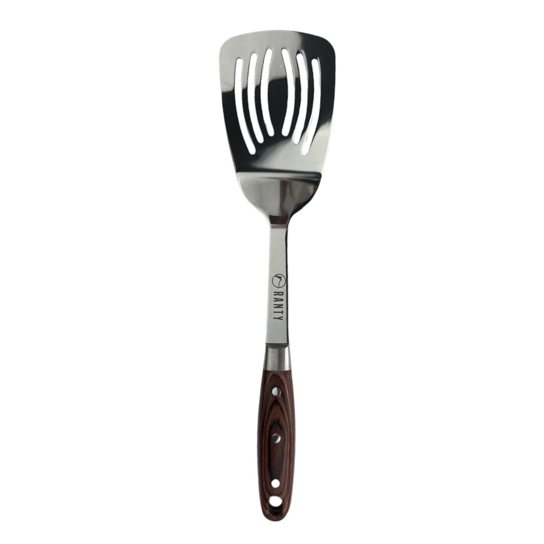 Espátula ranurada Ranty con mango de madera y acero inoxidable, diseño elegante para cocina.