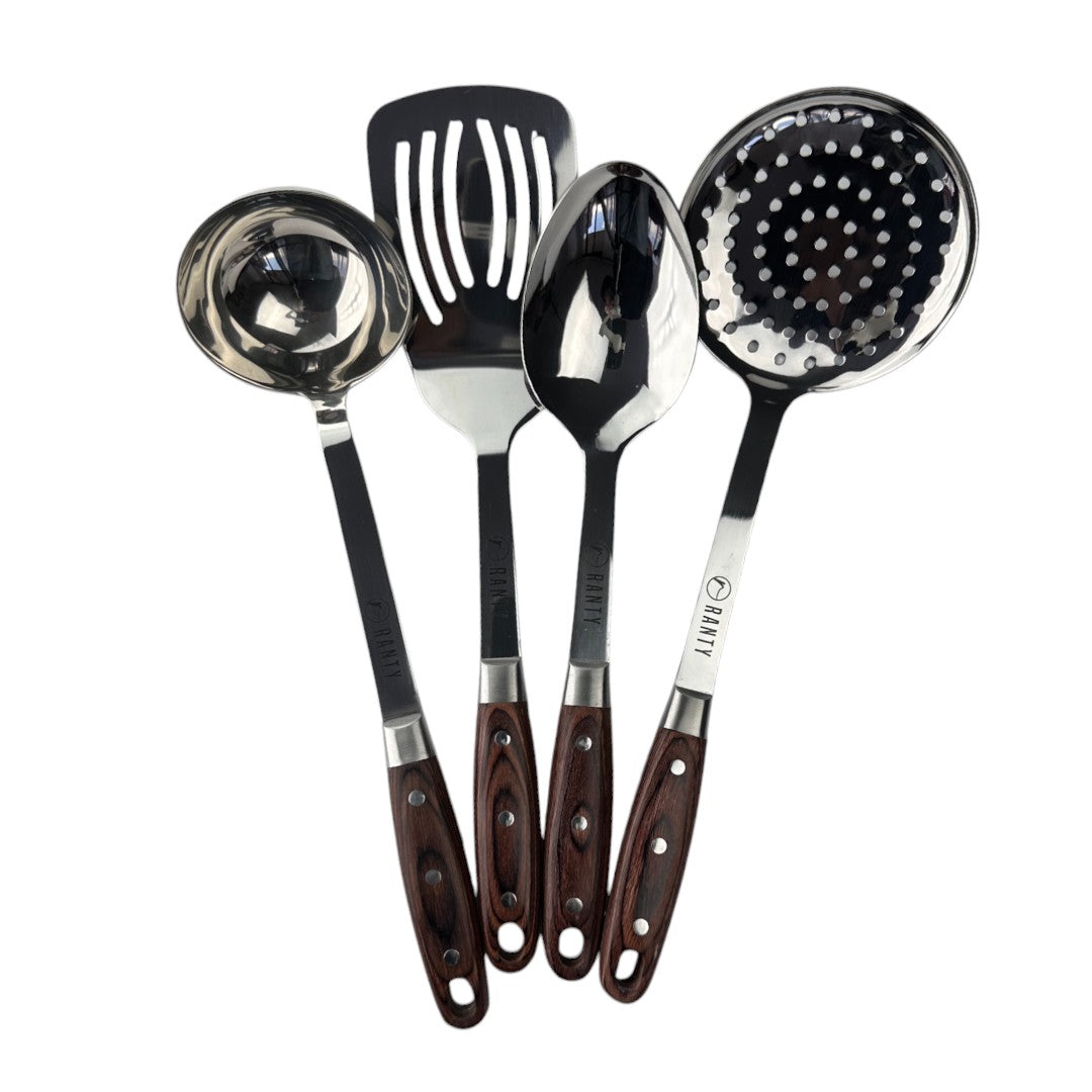 Set completo de utensilios de cocina elegante Ranty: espátula, espumadera, cucharón y cuchara grande con mangos de madera.