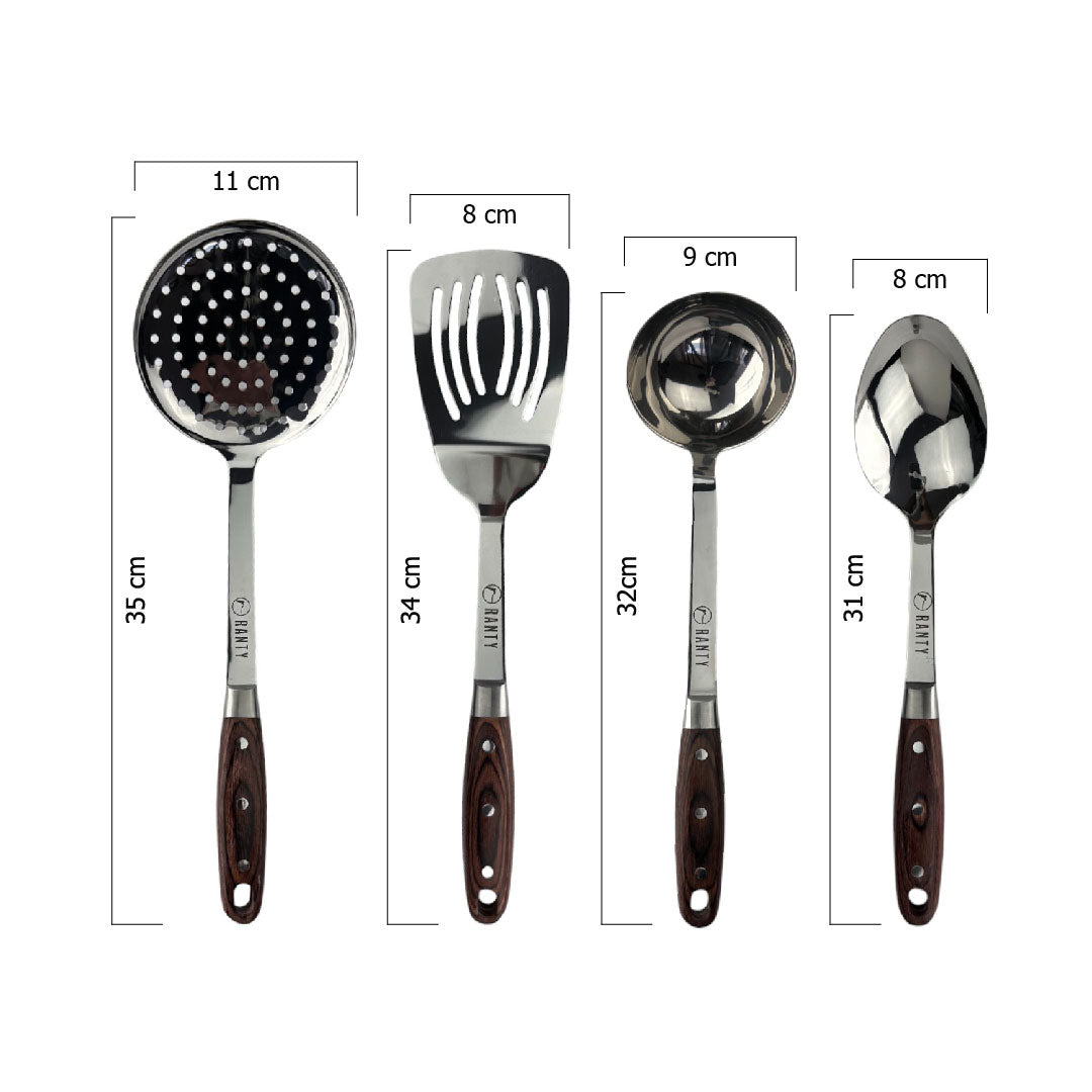 Especificaciones técnicas del set Ranty: espumadera 35cm, espátula 34cm, cucharón 32cm y cuchara grande 31cm.