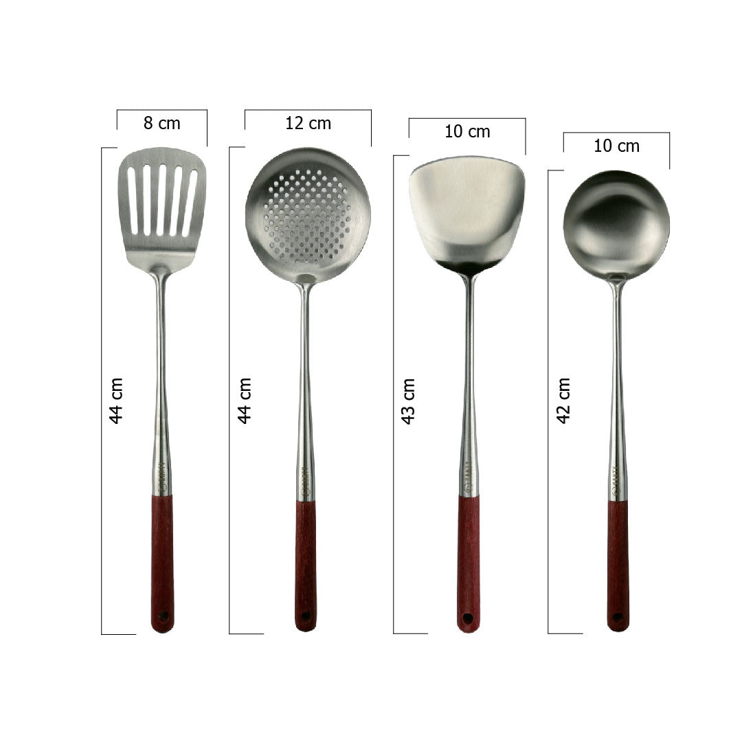 Medidas detalladas del set sostenible Ranty: espátulas 44cm y 43cm, espumadera 44cm y cucharón 42cm.