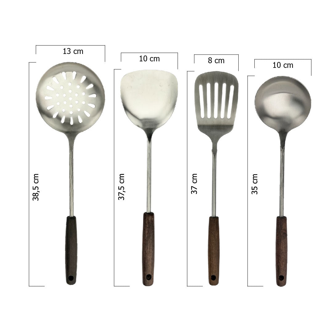 Dimensiones set de utensilios vintage Ranty: espumadera 38.5cm, espátulas 37.5cm y 37cm, cuchara 35cm con cabezas de 8-13cm.