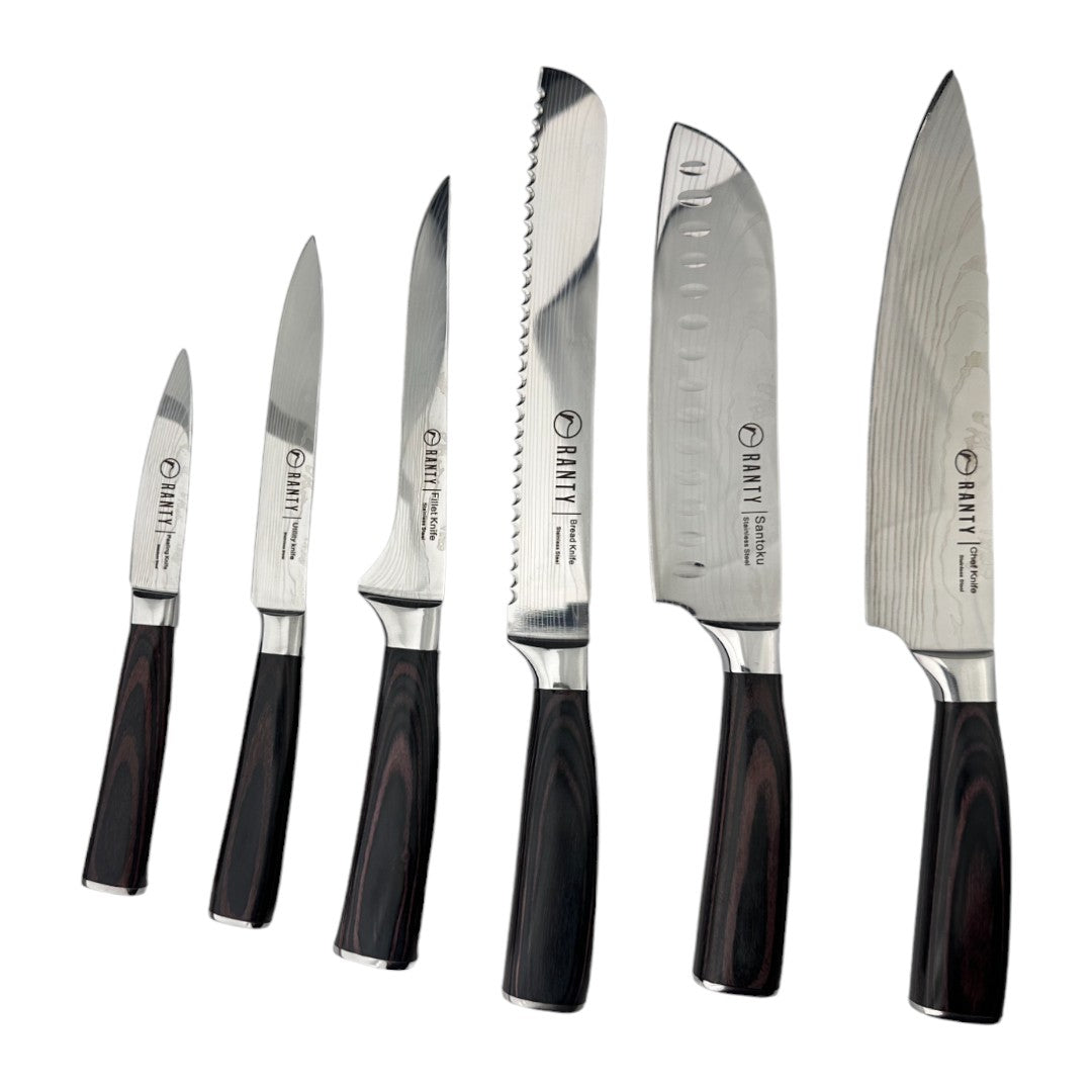 Set 6 cuchillos Gourmet Ranty profesionales con hojas de acero inoxidable, grabado damasceno y mangos café oscuro ergonómicos.
