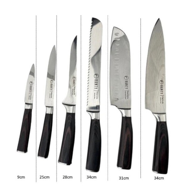 Medidas del set Gourmet Ranty: desde cuchillo pelador 9cm hasta chef 34cm con hojas grabado damasceno y mango ergonómico.