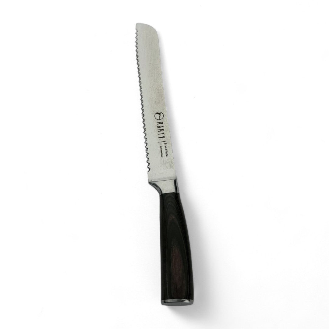 Cuchillo pan Gourmet Ranty con hoja dentada de acero inoxidable, grabado damasceno y mango café oscuro ergonómico.