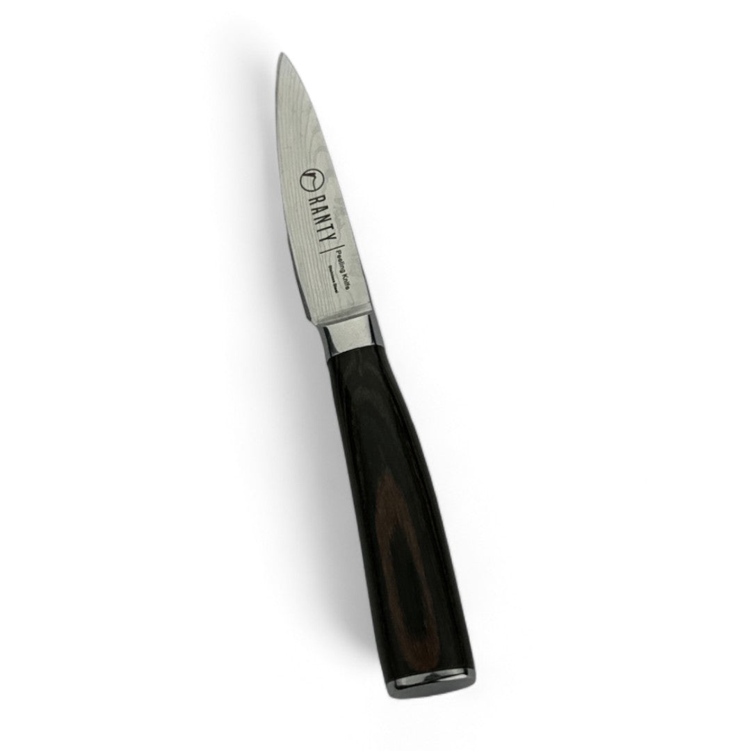 Cuchillo pelador Gourmet Ranty con hoja de acero inoxidable, grabado damasceno y mango café oscuro de diseño profesional.