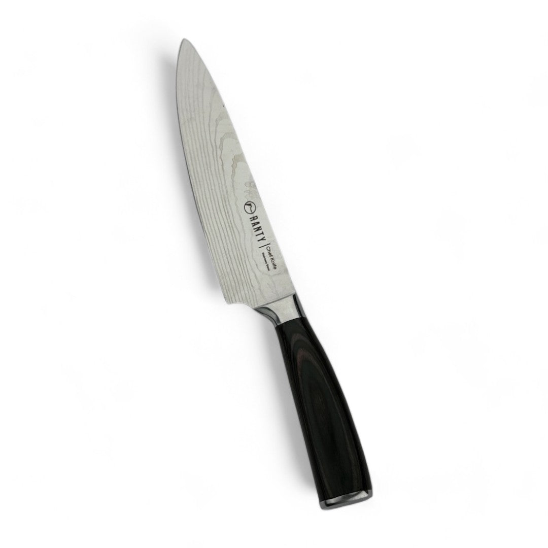 Cuchillo chef Gourmet Ranty con diseño damasceno en su hoja y mango café oscuro ergonómico.