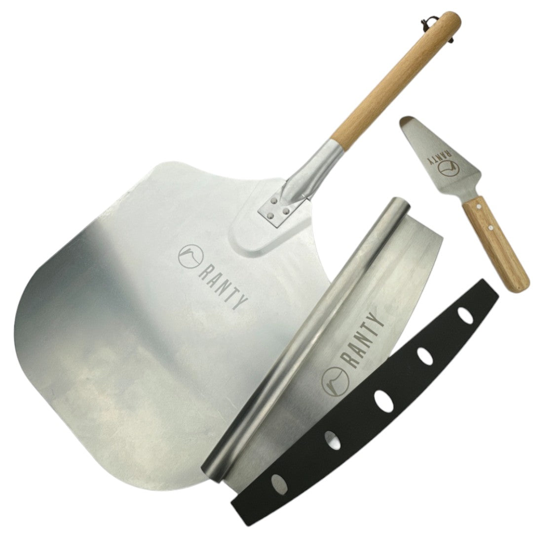 Set pizza Forni Ranty con pala metálica, espátula y cortador balancín de acero inoxidable para cocina profesional y casera.