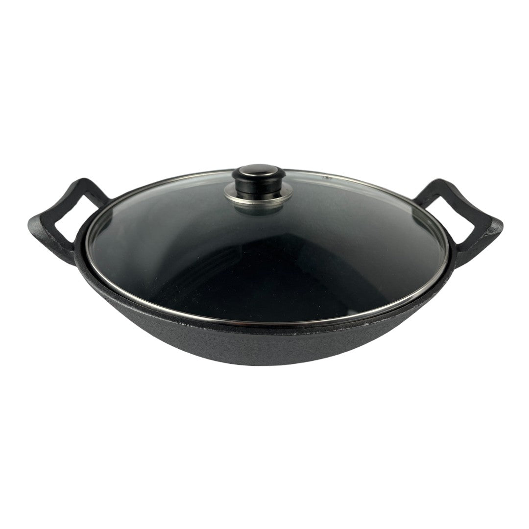Wok hierro fundido Ranty 30cm con tapa de vidrio templado y asas ergonómicas para cocina oriental.
