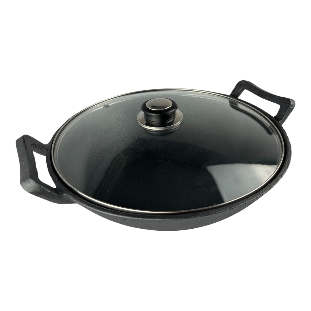 Vista superior de Wok Ranty 30cm de hierro fundido con tapa de vidrio templado y dos asas.