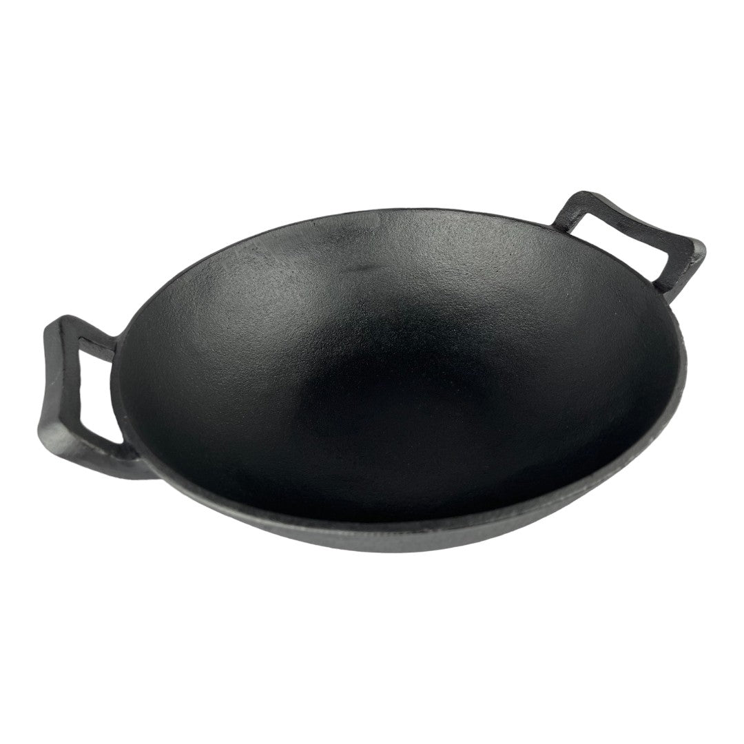 vista superior e Interior de wok Ranty hierro fundido 30cm con superficie antiadherente natural, producto premium.