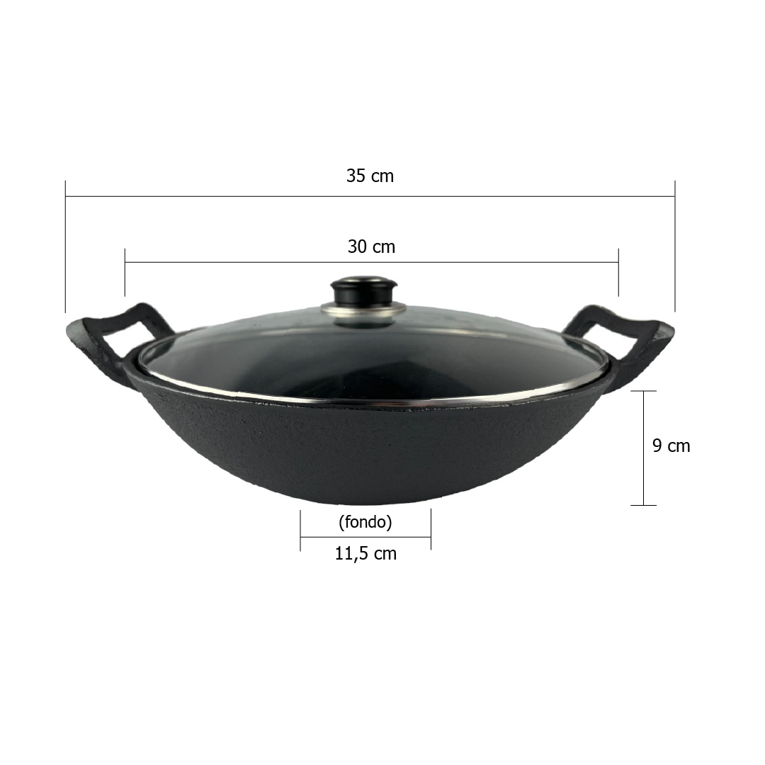 vista lateral de Wok Ranty con especificaciones de medidas: 35cm largo total, 30cm diámetro, 9cm alto, fondo 11.5cm.