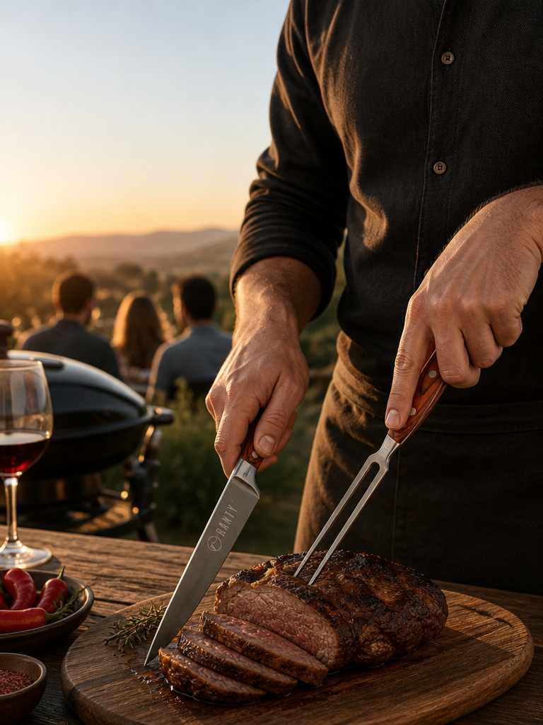 Anfitrión cortando un asado al atardecer con el cuchillo y tenedor RANTY