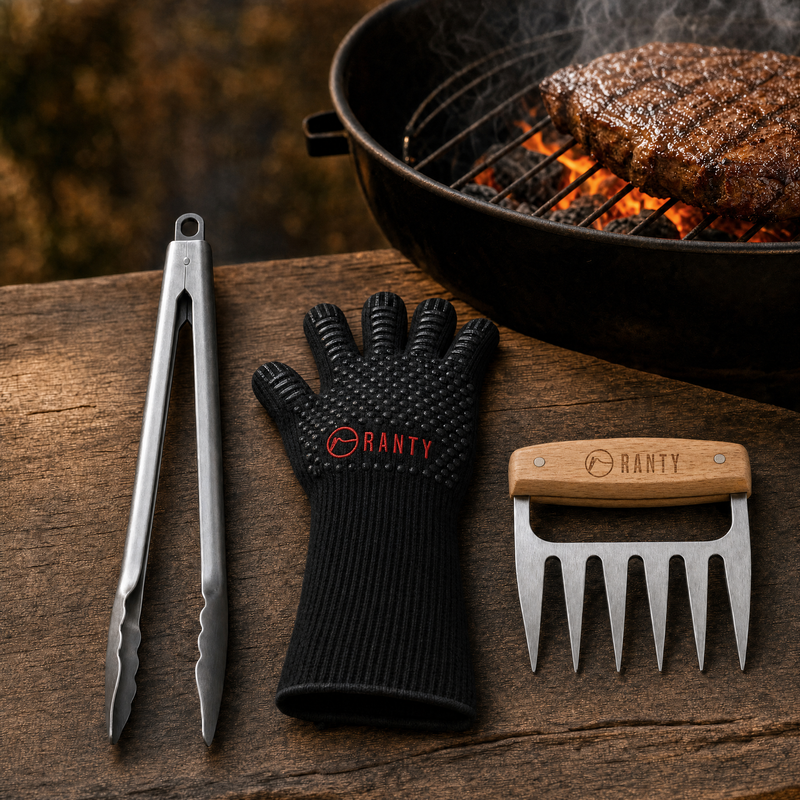 Pinza, guante y garra de oso RANTY junto a una parrilla