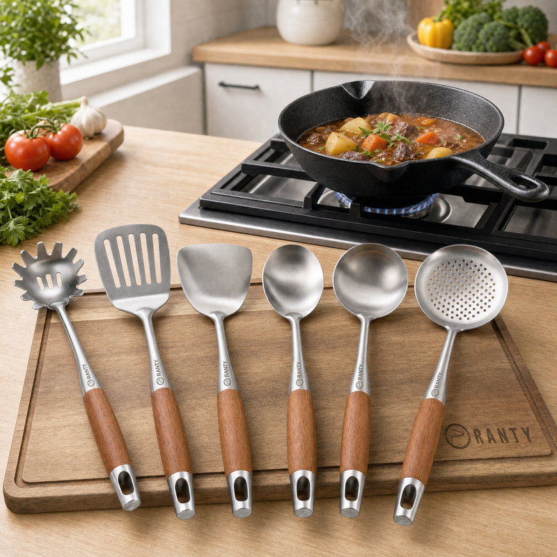 Sartén de hierro fundido y set de 6 utensilios RANTY en la cocina