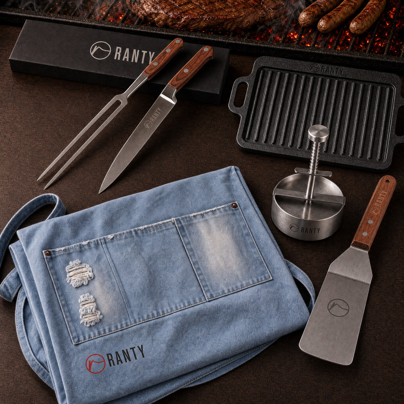 Kit parrillero RANTY frente a una parrilla con brasas