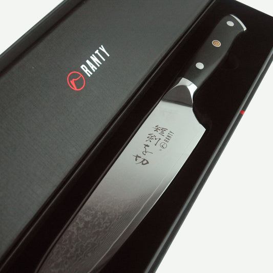 Cuchillo de acero de Damasco Grand Chef Ranty 20cm en caja de presentación premium con logo.