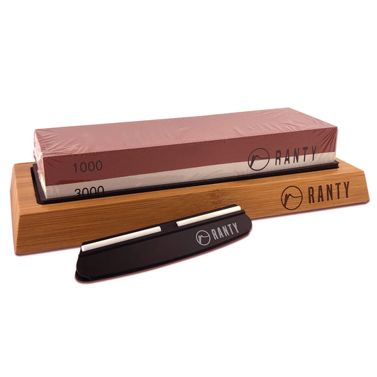 Kit afilador cuchillo piedra humeda Ranty con base de madera de silicón y piedra doble cara grano 1000/3000.