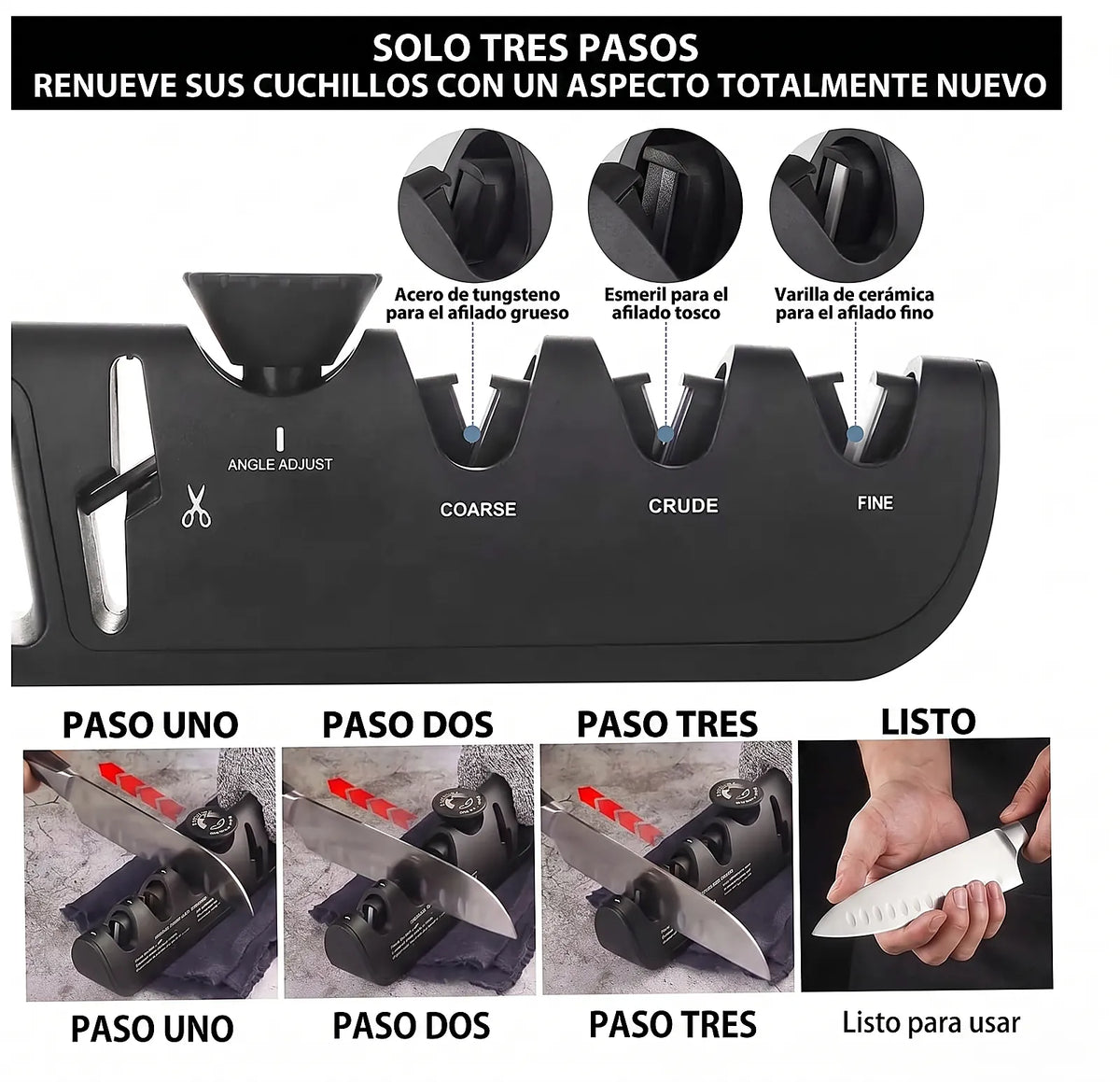 Afilador manual para cuchillo y tijeras con regulador de ángulo.