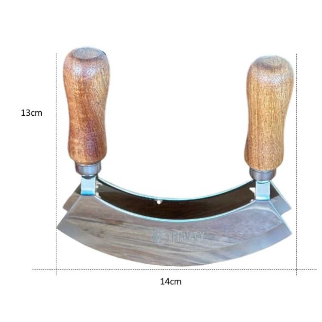 Cortador de doble hoja balancin Ranty (mezzaluna) de largo 14 cm y alto 13 cm con mangos para cocina profesional.