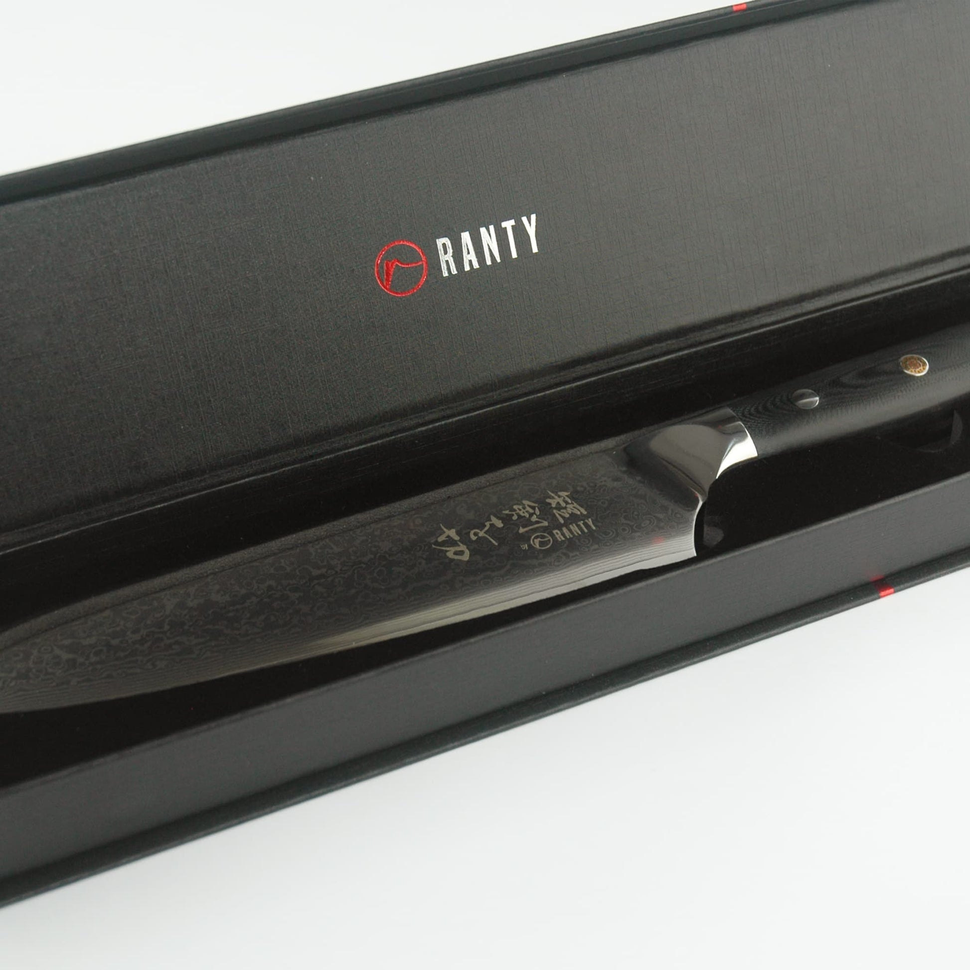 Cuchillo de acero de Damasco Grand Chef Ranty 20cm en empaque negro premium con logo.