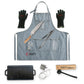 Pack Gran Asador RANTY celeste: delantal jeans, guantes, cuchillo Chef, tenaza, plancha de hierro fundido, termómetro digital y limpiador de parrillas