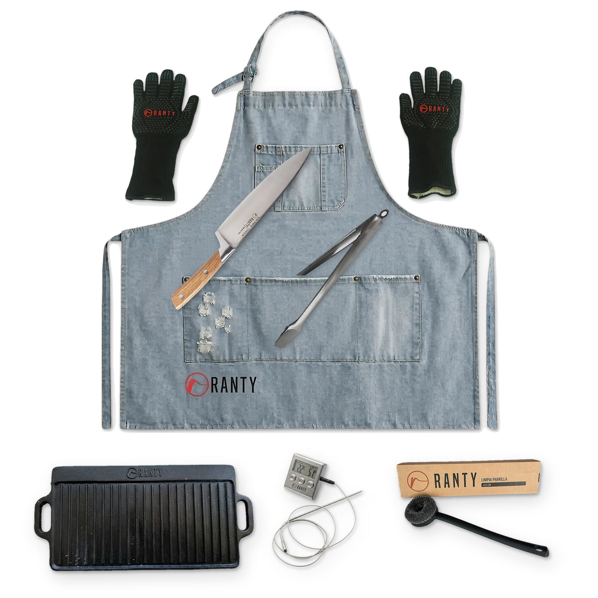 Pack Gran Asador RANTY celeste: delantal jeans, guantes, cuchillo Chef, tenaza, plancha de hierro fundido, termómetro digital y limpiador de parrillas