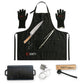 Pack Gran Asador RANTY negro: delantal jeans, guantes, cuchillo Chef, tenaza, plancha de hierro fundido, termómetro digital y limpiador de parrillas
