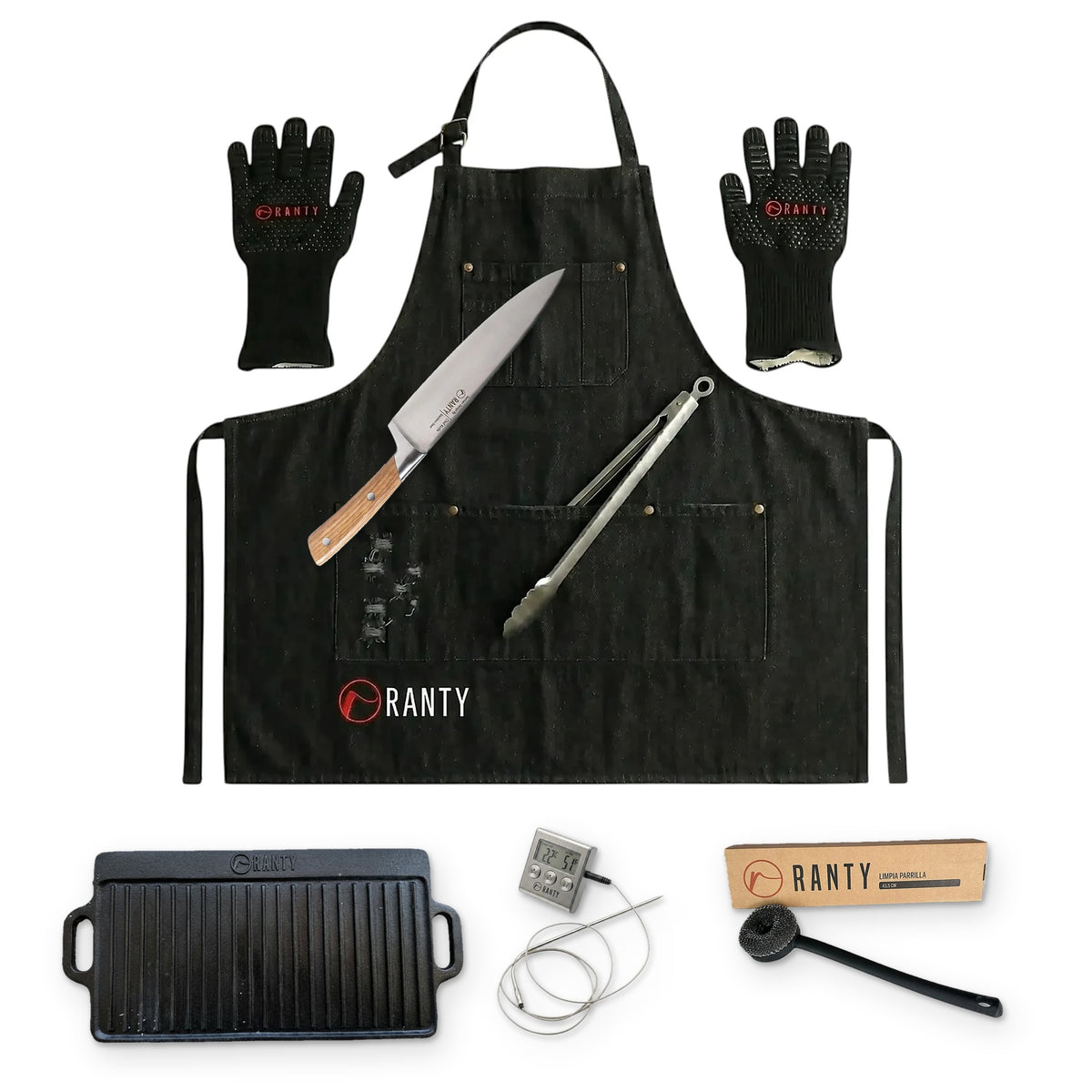 Pack Gran Asador RANTY negro: delantal jeans, guantes, cuchillo Chef, tenaza, plancha de hierro fundido, termómetro digital y limpiador de parrillas