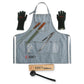 Pack Maestro Parrillero RANTY celeste: delantal jeans, guantes, set de cuchillo y tenedor trinchador, tenaza y limpiador de parrillas