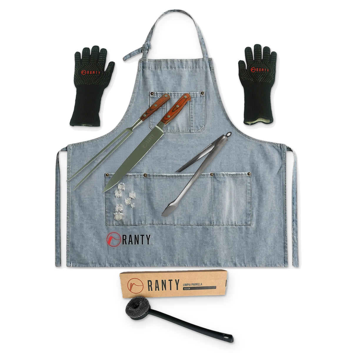 Pack Maestro Parrillero RANTY celeste: delantal jeans, guantes, set de cuchillo y tenedor trinchador, tenaza y limpiador de parrillas