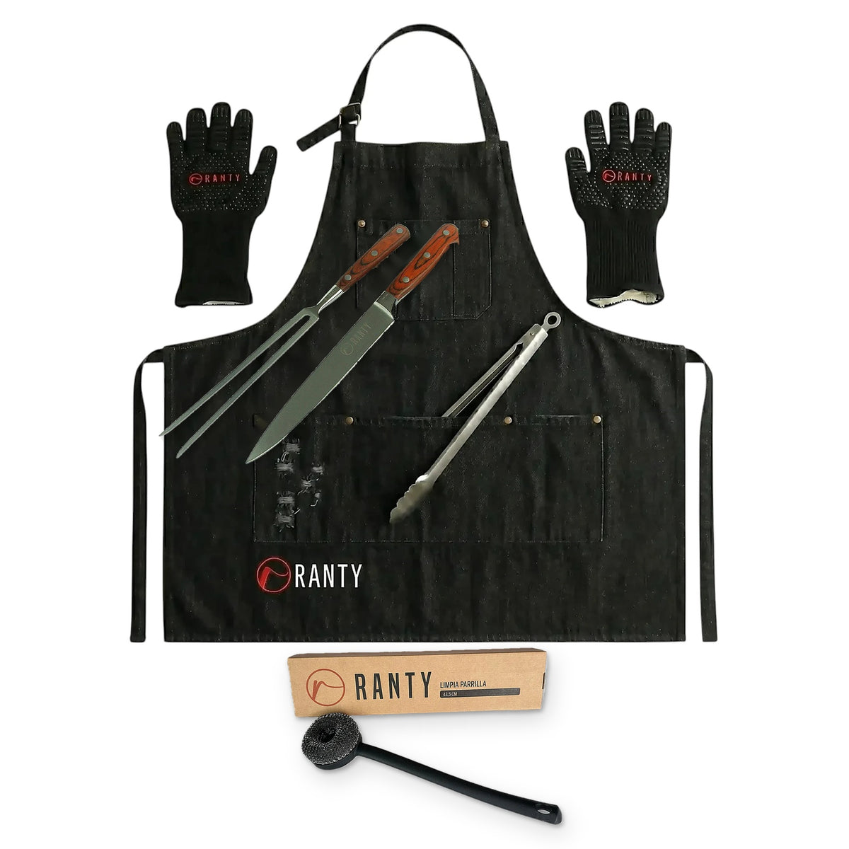 Pack Maestro Parrillero RANTY negro: delantal jeans, guantes, set de cuchillo y tenedor trinchador, tenaza y limpiador de parrillas