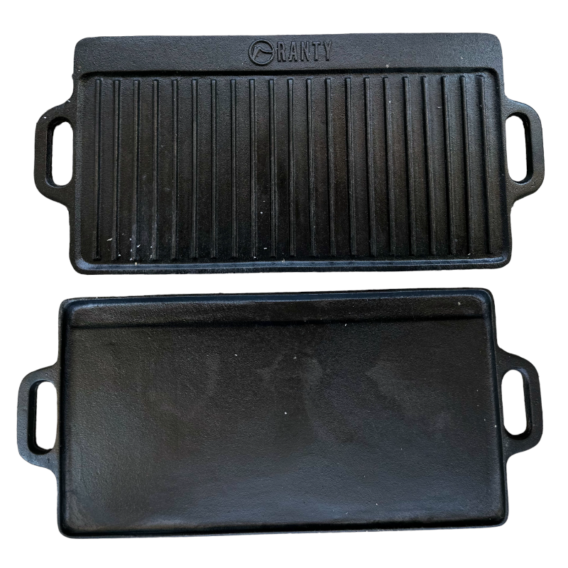 Plancha de hierro fundido reversible Ranty doble cara: parrilla con estrías y plancha lisa, con asas laterales para cocina