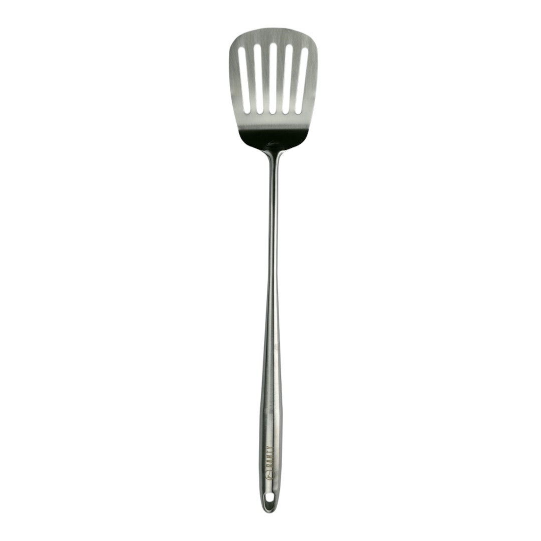 Espátula ranurada Ranty para cocina profesional, fabricada en acero inoxidable con diseño ergonómico.