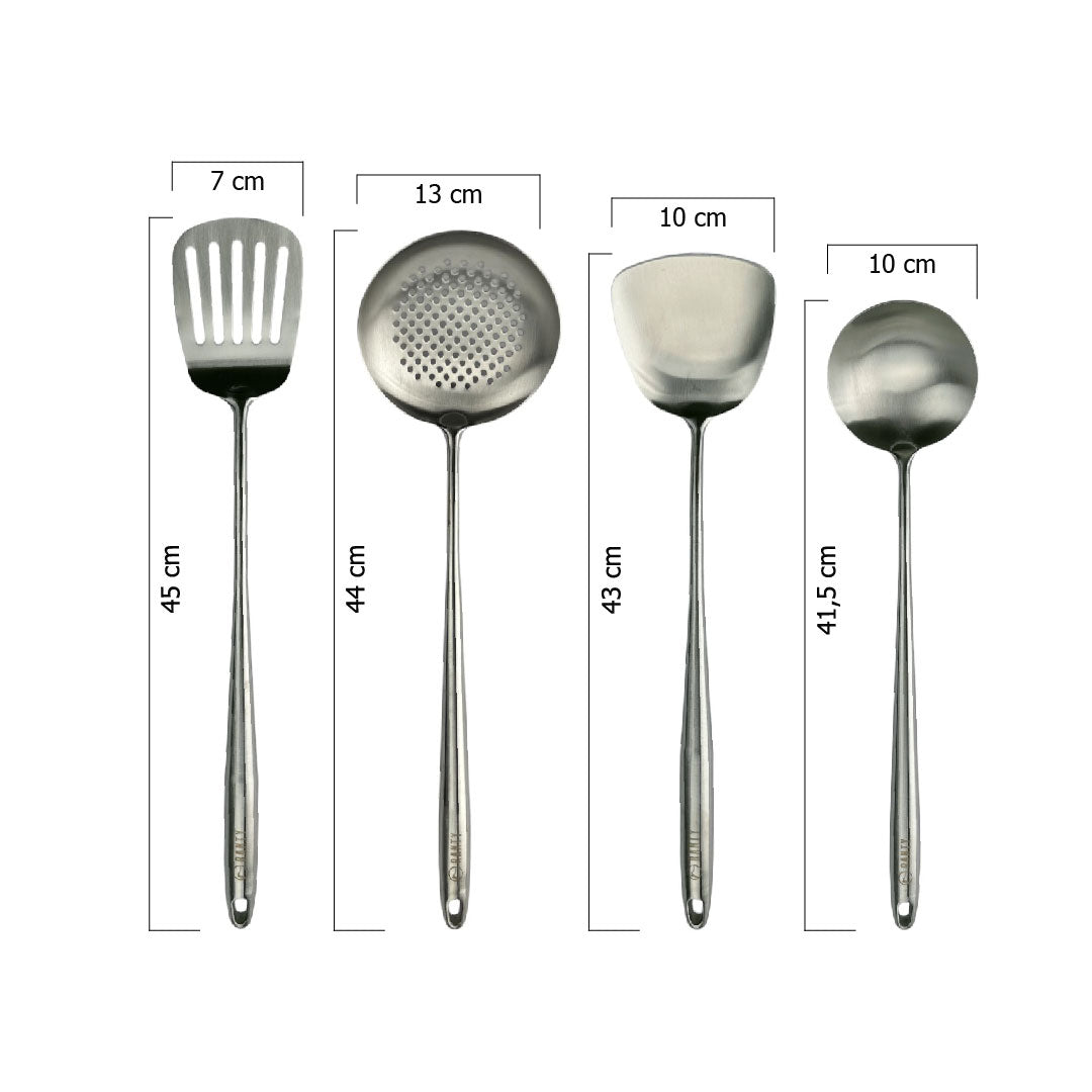 Medidas detalladas del set de utensilios Ranty: espátulas 45cm y 43cm, espumadera 44cm y cucharón 41.5cm.