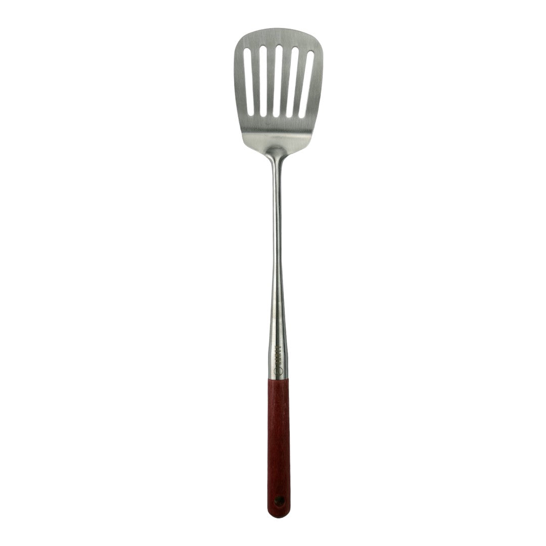 Espátula ranurada Ranty con mango rojo y acero inoxidable, diseño sostenible para cocina.
