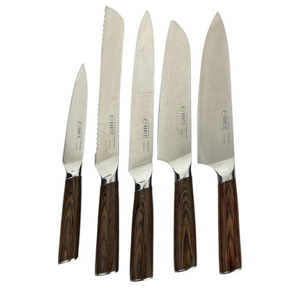 Set de 5 cuchillos Elite Ranty (chef, pan, santoku, multiuso, pelador) con hoja de acero inoxidable y mango de madera oscura.