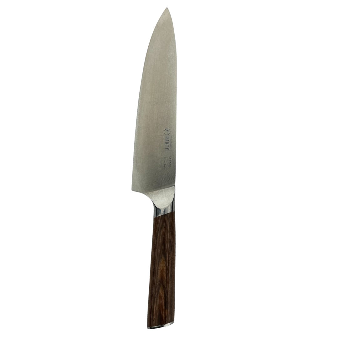 Cuchillo chef Elite Ranty con hoja de acero inoxidable de alta precisión y mango ergonómico de madera oscura.