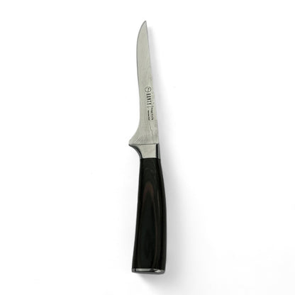 Cuchillo deshuesador Gourmet Ranty con hoja de acero inoxidable, grabado damasceno y mango café oscuro premium.