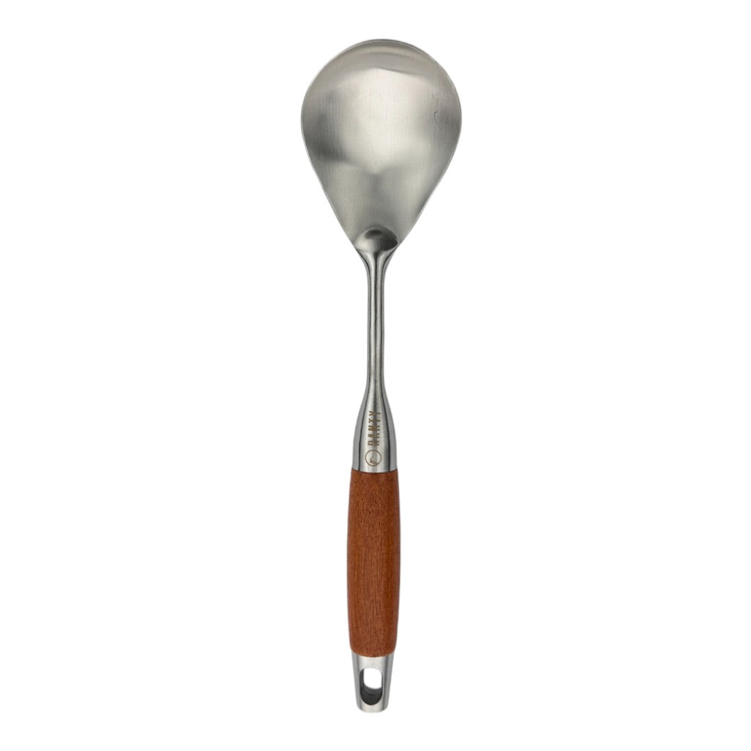 Cuchara grande cocina creativa Ranty 32.5cm de acero inoxidable, mango de madera café medio para cocina premium.