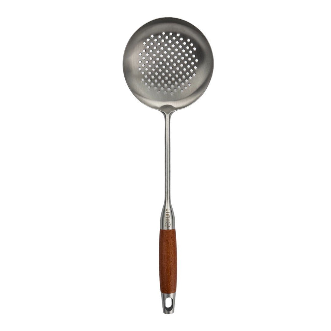 Espumadera cocina creativa Ranty 39cm de acero inoxidable con mango de madera café medio para  cocina casera y profesional.