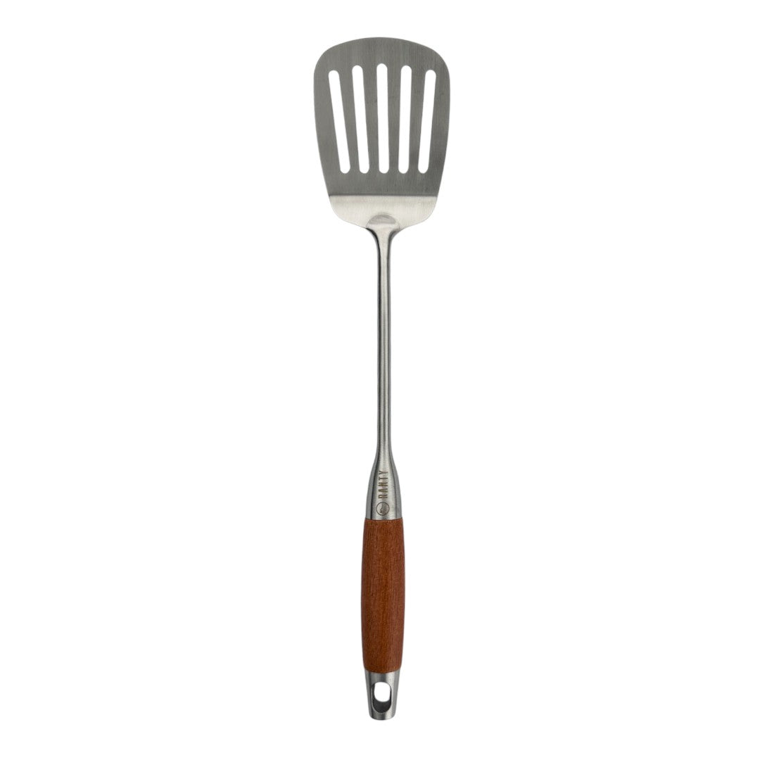 Espátula ranurada cocina creativa Ranty 39.5cm con mango de madera café, acero inoxidable para cocina profesional y en casa.