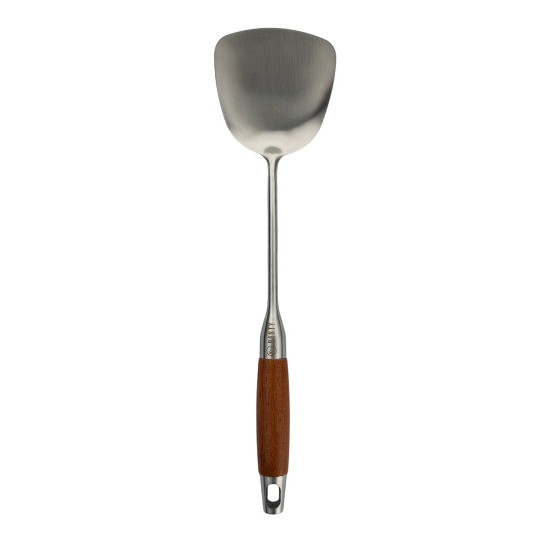 Espátula lisa cocina creativa Ranty 38.5cm de acero inoxidable y mango de madera color café ergonómico profesional premium.