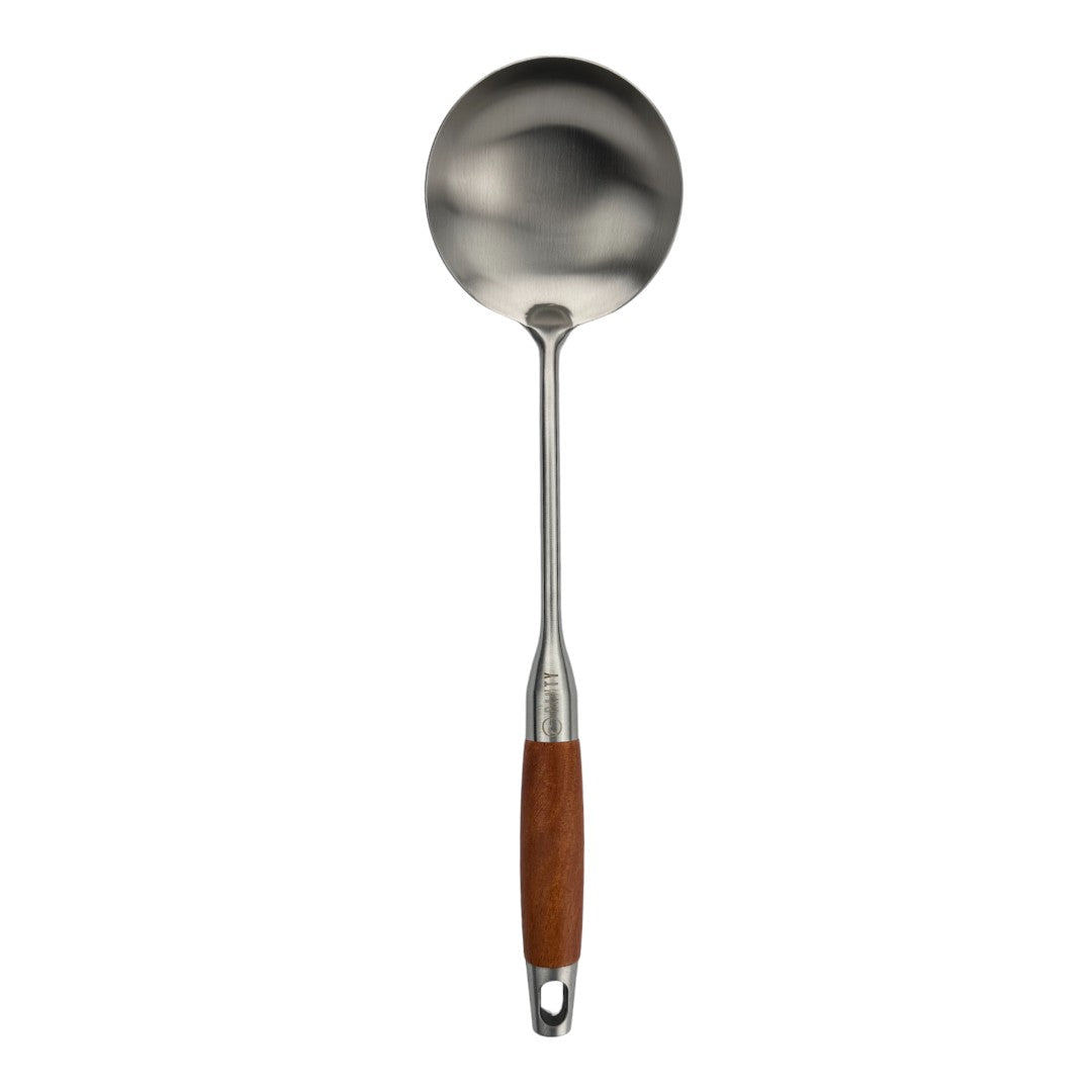 Cucharón cocina creativa Ranty 37cm de acero inoxidable con mango de madera premium para servir sopa.